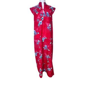OTAHEITE HONOLULU VINTAGE TROPICAL FLORAL SHORT SLEEVE LONG DRESS MUUMUU RED 12